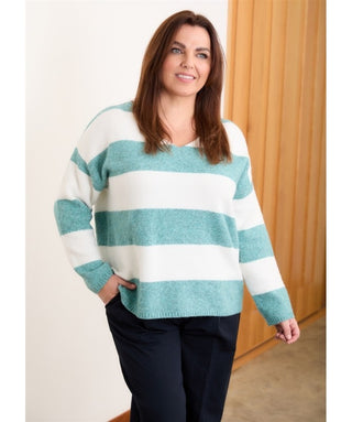 Dreams Soft Tweed Knit V Neck Block Stripe Jumper